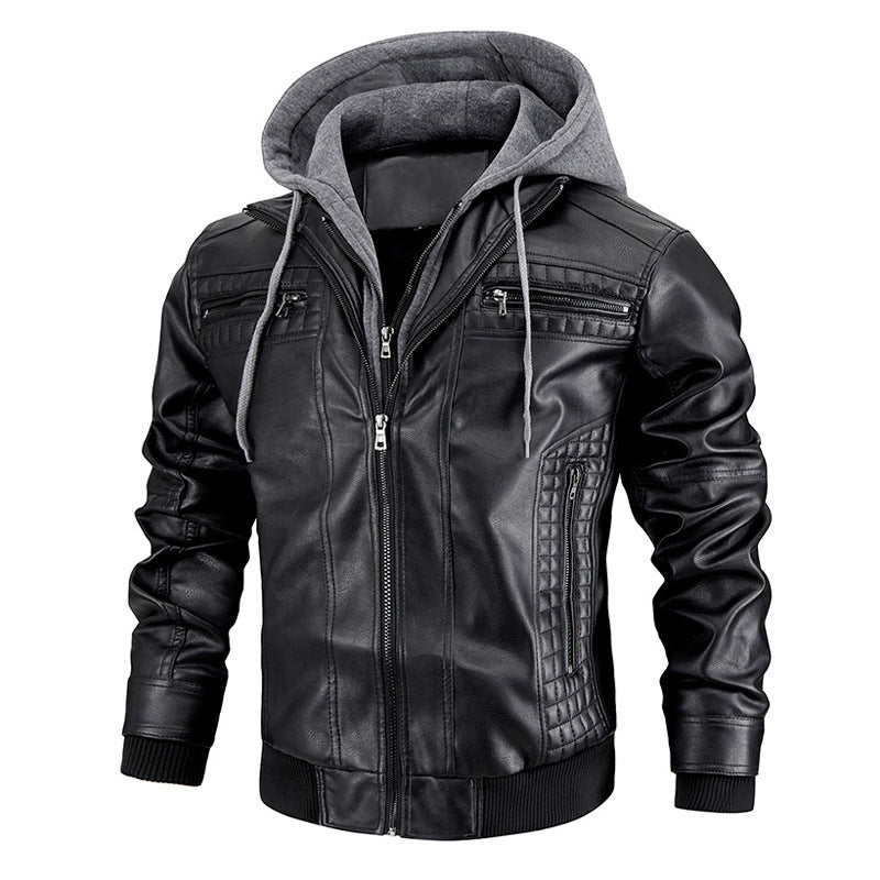Men's Leather Jacket Warm Coat with Hood