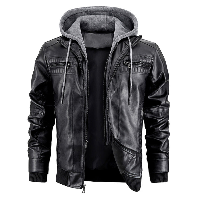 Men's Leather Jacket Warm Coat with Hood