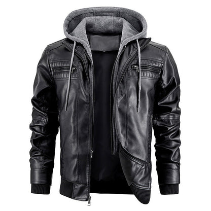 Men's Leather Jacket Warm Coat with Hood