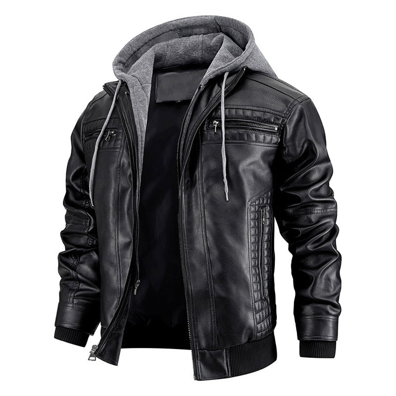 Men's Leather Jacket Warm Coat with Hood