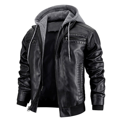 Men's Leather Jacket Warm Coat with Hood
