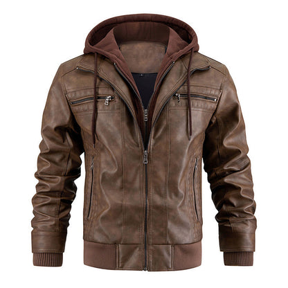 Men's Leather Jacket Warm Coat with Hood